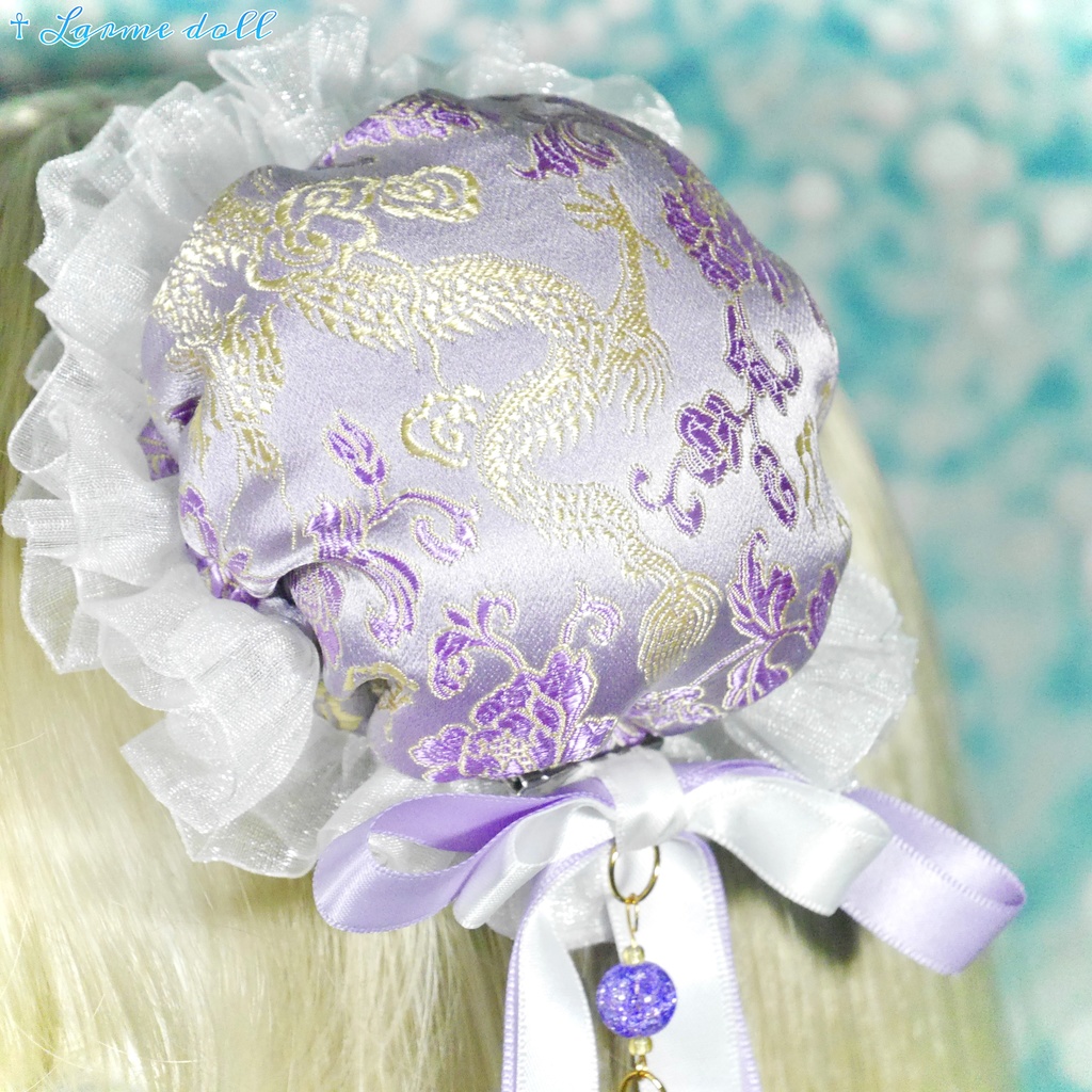 【受注生産】《☥》ダブルリボンタッセル付きお団子カバー カラー▷紫×白(接合パーツ、蝶チャームゴールドカラーver.)