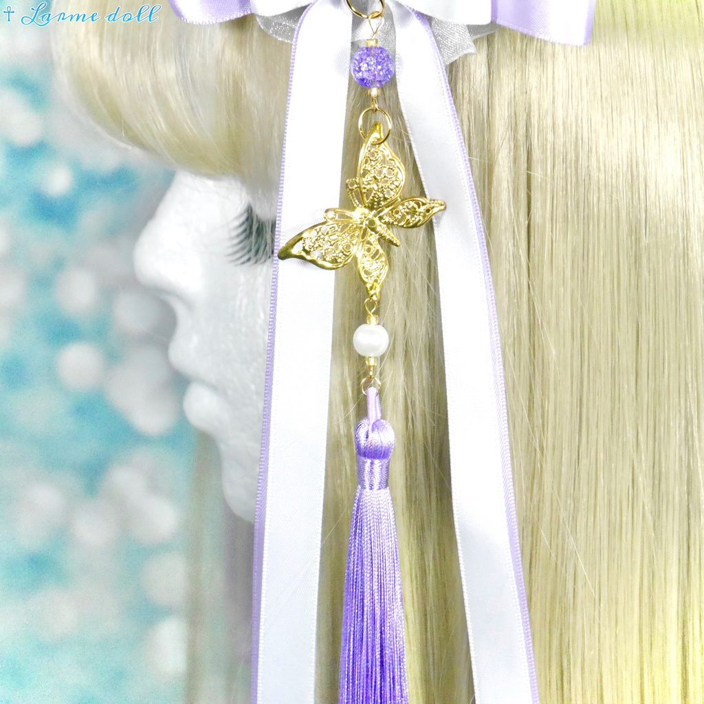 【受注生産】《☥》ダブルリボンタッセル付きお団子カバー カラー▷白×紫(接合パーツ、蝶チャームゴールドカラーver.)