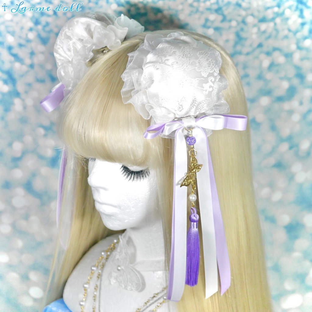 【受注生産】《☥》ダブルリボンタッセル付きお団子カバー カラー▷白×紫(接合パーツ、蝶チャームゴールドカラーver.)