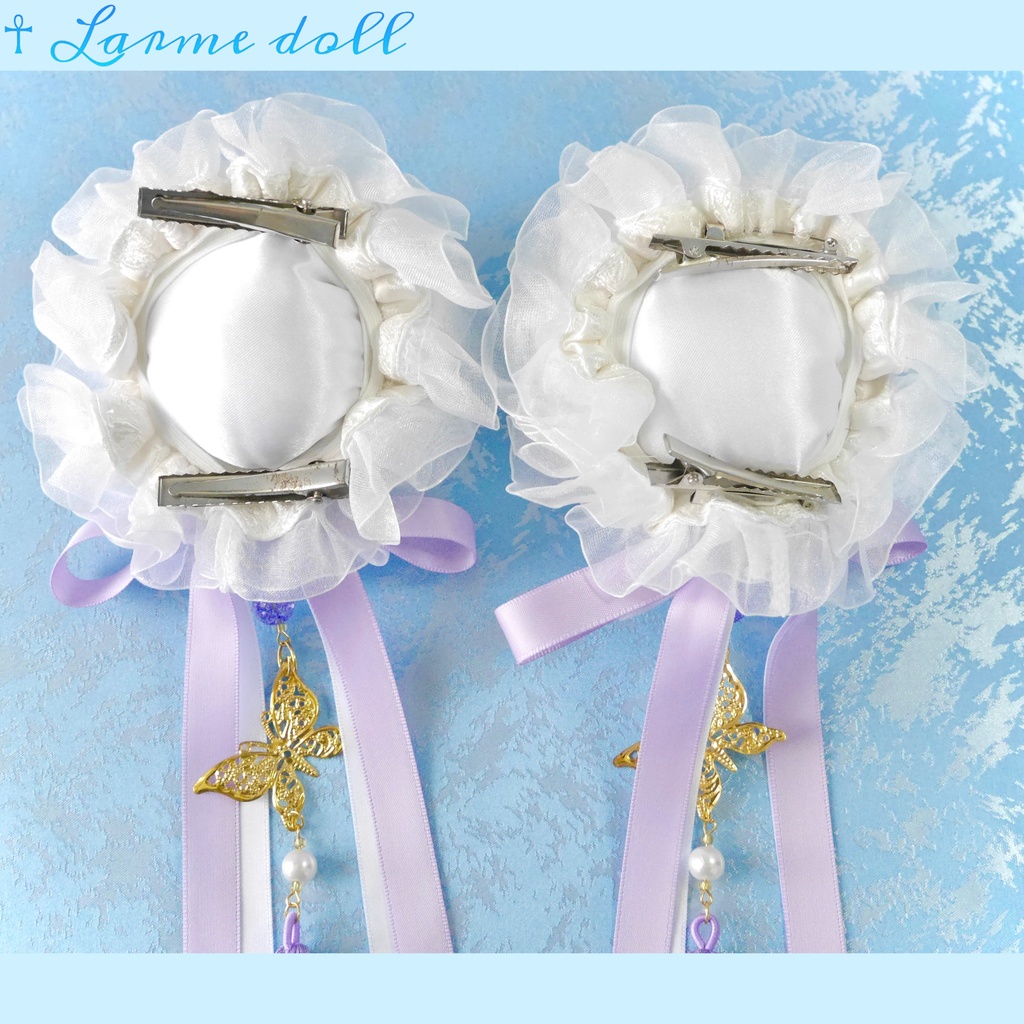 【受注生産】《☥》ダブルリボンタッセル付きお団子カバー カラー▷白×紫(接合パーツ、蝶チャームゴールドカラーver.)