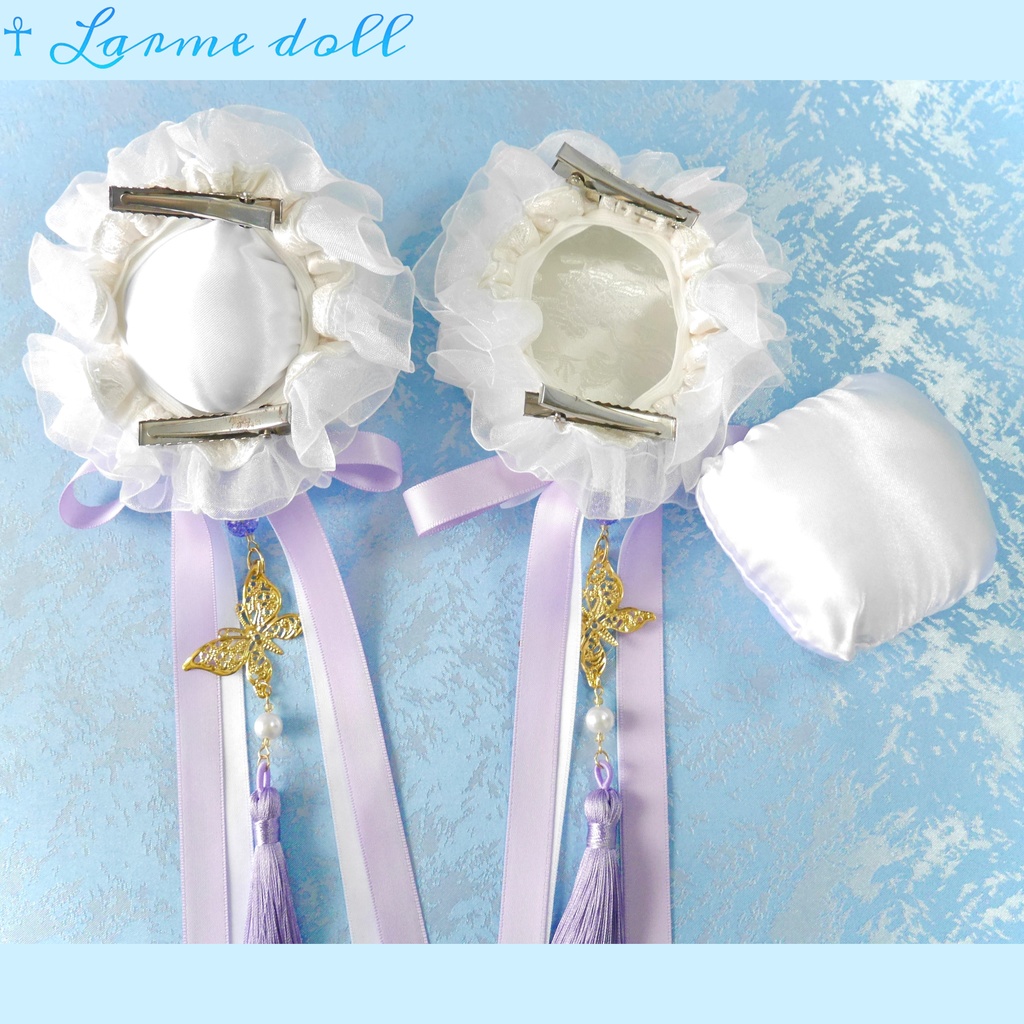 【受注生産】《☥》ダブルリボンタッセル付きお団子カバー カラー▷白×紫(接合パーツ、蝶チャームゴールドカラーver.)