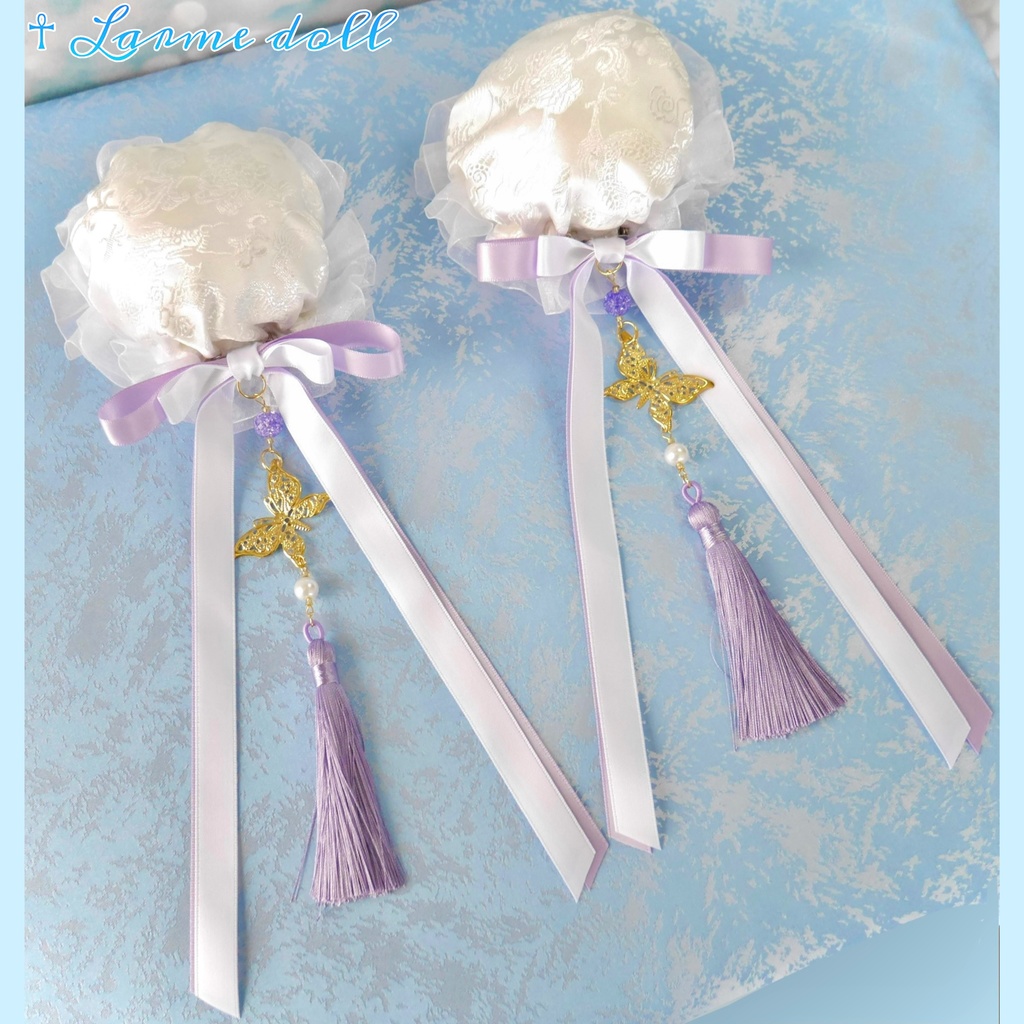 【受注生産】《☥》ダブルリボンタッセル付きお団子カバー カラー▷白×紫(接合パーツ、蝶チャームゴールドカラーver.)