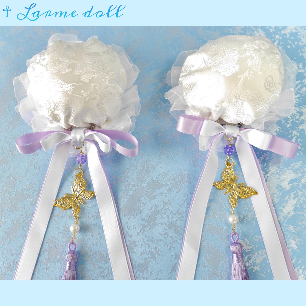 【受注生産】《☥》ダブルリボンタッセル付きお団子カバー カラー▷白×紫(接合パーツ、蝶チャームゴールドカラーver.)