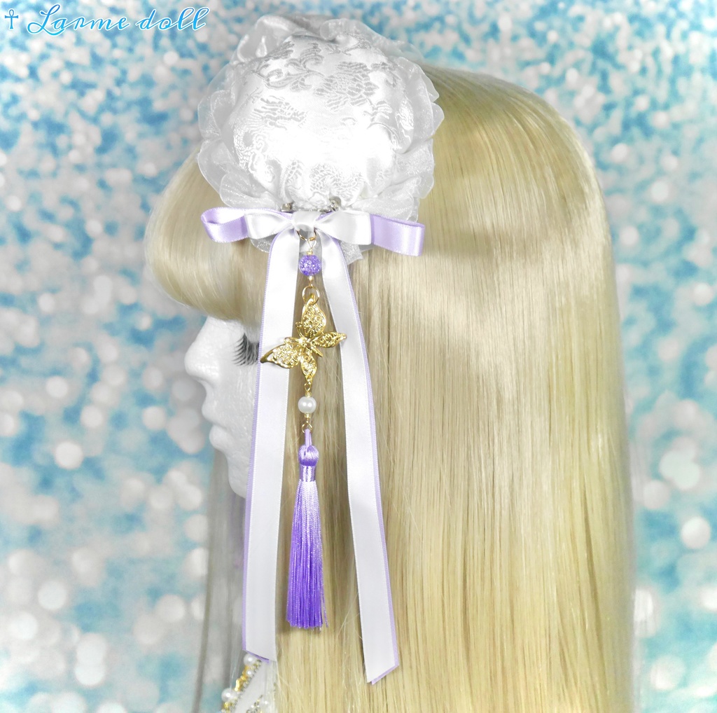 【受注生産】《☥》ダブルリボンタッセル付きお団子カバー カラー▷白×紫(接合パーツ、蝶チャームゴールドカラーver.)