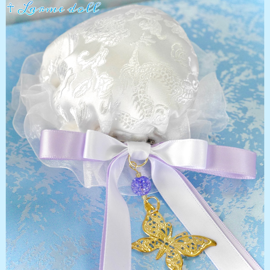 【受注生産】《☥》ダブルリボンタッセル付きお団子カバー カラー▷白×紫(接合パーツ、蝶チャームゴールドカラーver.)