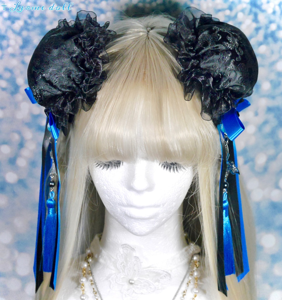 【受注生産】《☥》ダブルリボンタッセル付きお団子カバー カラー▷黒×青(接合パーツ、蝶チャームシルバーカラーver.)