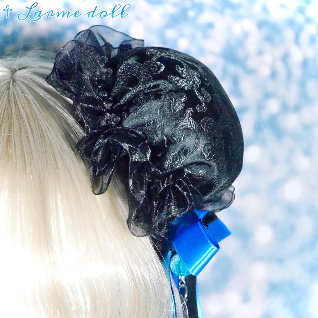 【受注生産】《☥》ダブルリボンタッセル付きお団子カバー カラー▷黒×青(接合パーツ、蝶チャームシルバーカラーver.)