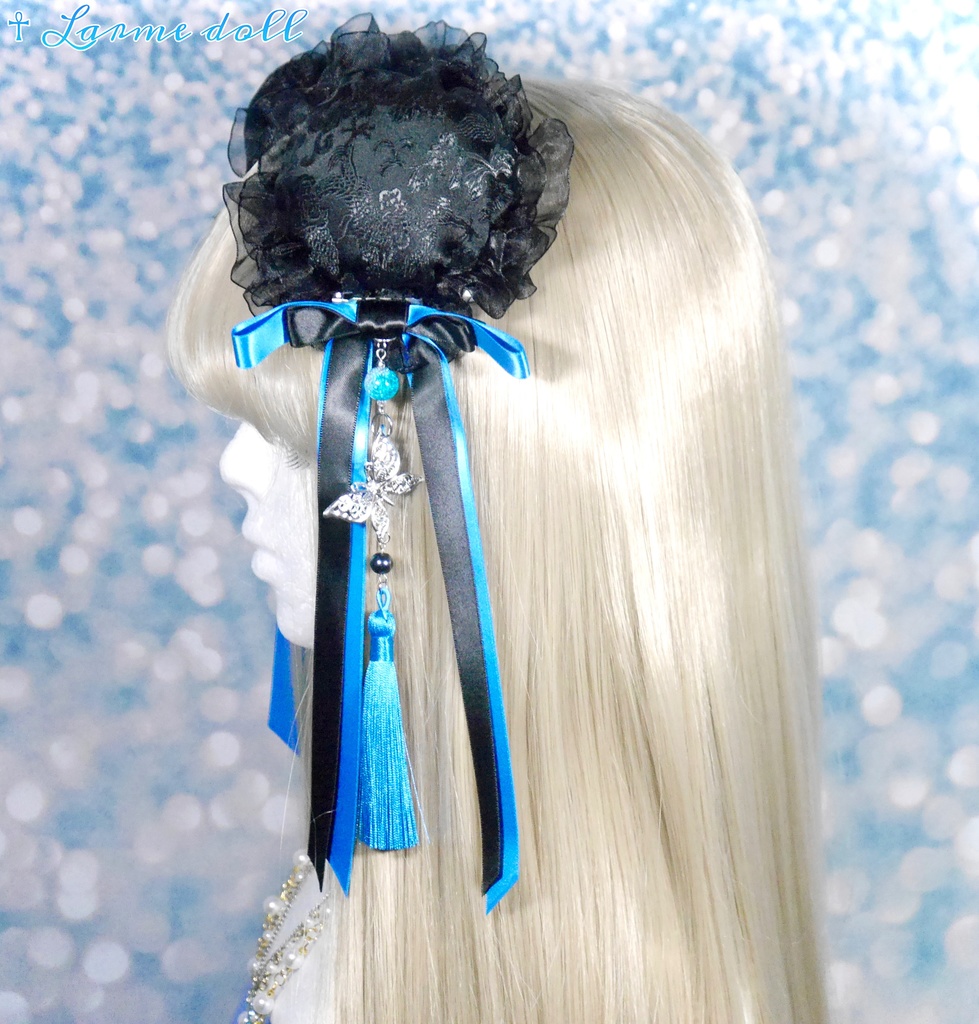 【受注生産】《☥》ダブルリボンタッセル付きお団子カバー カラー▷黒×青(接合パーツ、蝶チャームシルバーカラーver.)