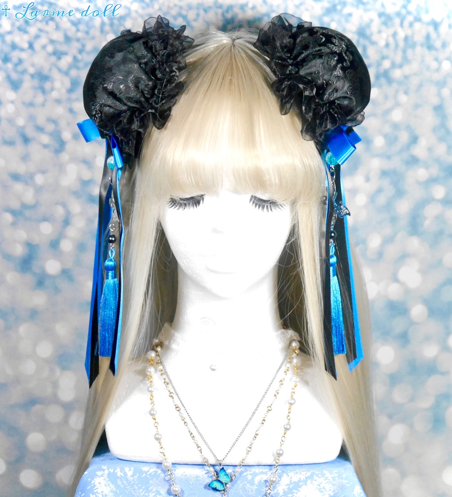 【受注生産】《☥》ダブルリボンタッセル付きお団子カバー カラー▷黒×青(接合パーツ、蝶チャームシルバーカラーver.)