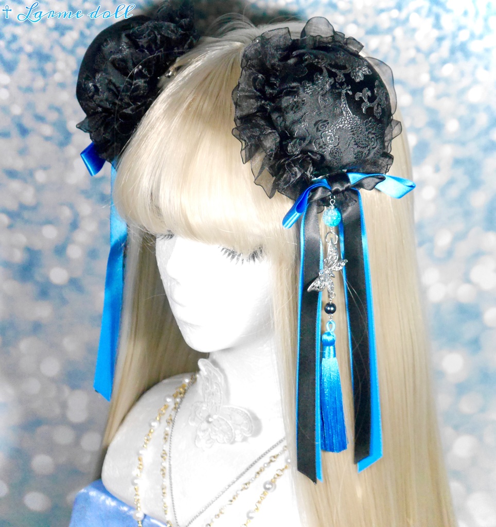 【受注生産】《☥》ダブルリボンタッセル付きお団子カバー カラー▷黒×青(接合パーツ、蝶チャームシルバーカラーver.)