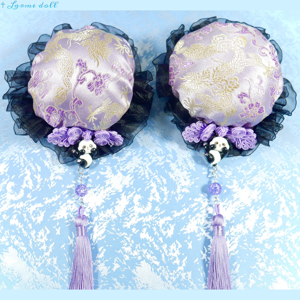 【受注生産】《☥》パンダチャイナお団子カバー(チャイナ生地タイプ)(レース黒)本体カバーカラー▷紫