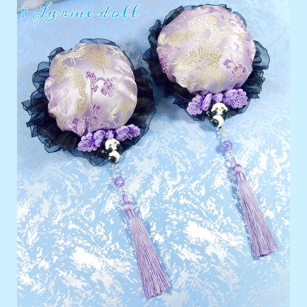 【受注生産】《☥》パンダチャイナお団子カバー(チャイナ生地タイプ)(レース黒)本体カバーカラー▷紫