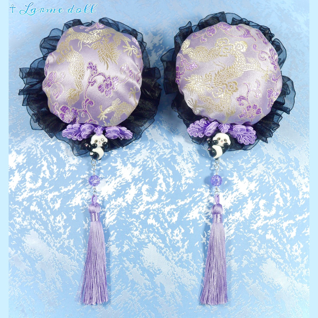 【受注生産】《☥》パンダチャイナお団子カバー(チャイナ生地タイプ)(レース黒)本体カバーカラー▷紫