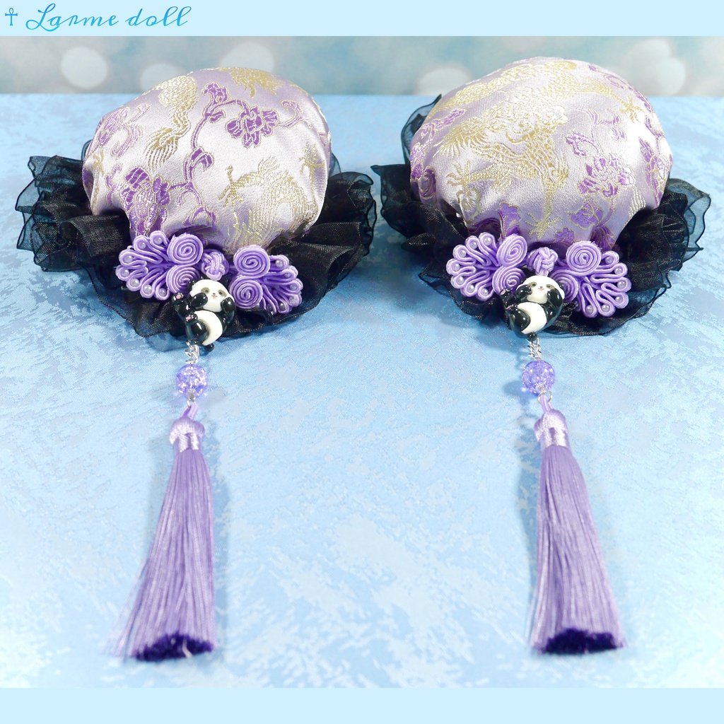 【受注生産】《☥》パンダチャイナお団子カバー(チャイナ生地タイプ)(レース黒)本体カバーカラー▷紫