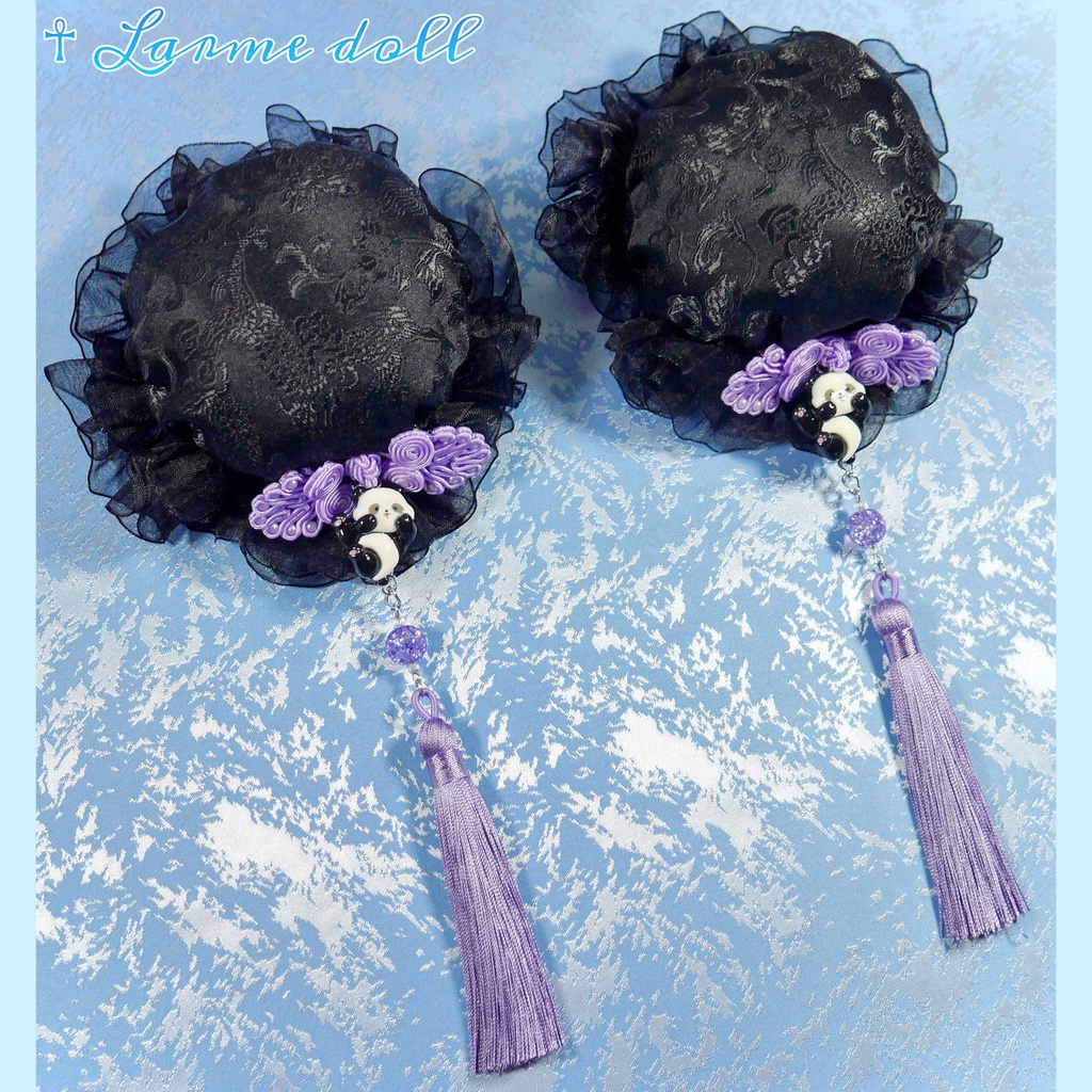 【受注生産】《☥》パンダチャイナお団子カバー(チャイナ生地タイプ)(レース黒)本体カバーカラー▷黒