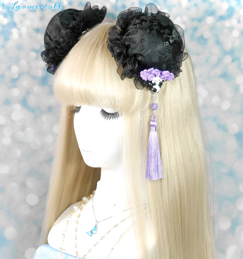 【受注生産】《☥》パンダチャイナお団子カバー(チャイナ生地タイプ)(レース黒)本体カバーカラー▷黒