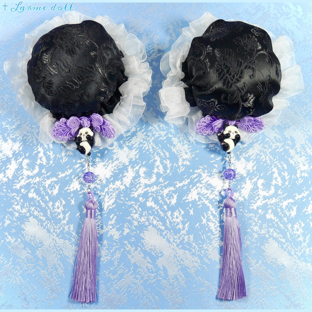 【受注生産】《☥》パンダチャイナお団子カバー(チャイナ生地タイプ)(レース白)本体カバーカラー▷黒