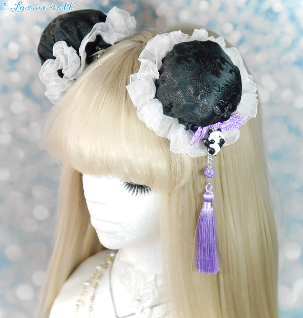 【受注生産】《☥》パンダチャイナお団子カバー(チャイナ生地タイプ)(レース白)本体カバーカラー▷黒