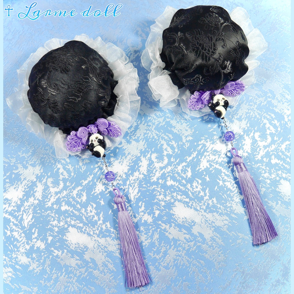 【受注生産】《☥》パンダチャイナお団子カバー(チャイナ生地タイプ)(レース白)本体カバーカラー▷黒