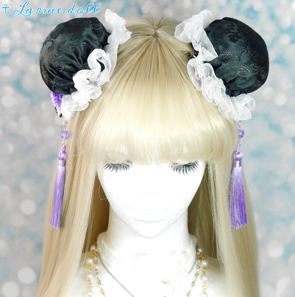 【受注生産】《☥》パンダチャイナお団子カバー(チャイナ生地タイプ)(レース白)本体カバーカラー▷黒