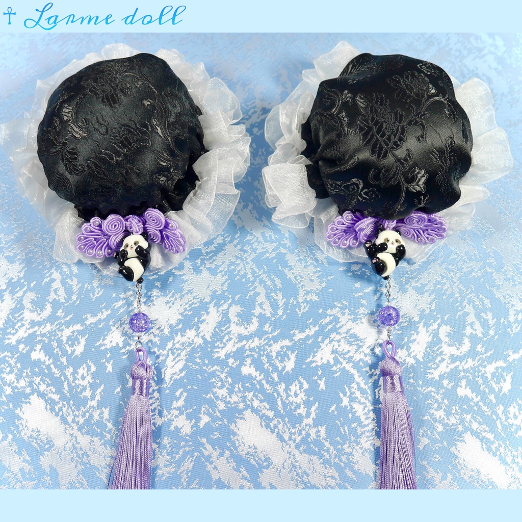 【受注生産】《☥》パンダチャイナお団子カバー(チャイナ生地タイプ)(レース白)本体カバーカラー▷黒