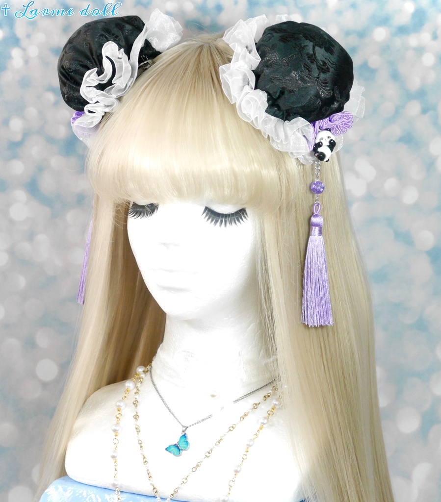 【受注生産】《☥》パンダチャイナお団子カバー(チャイナ生地タイプ)(レース白)本体カバーカラー▷黒