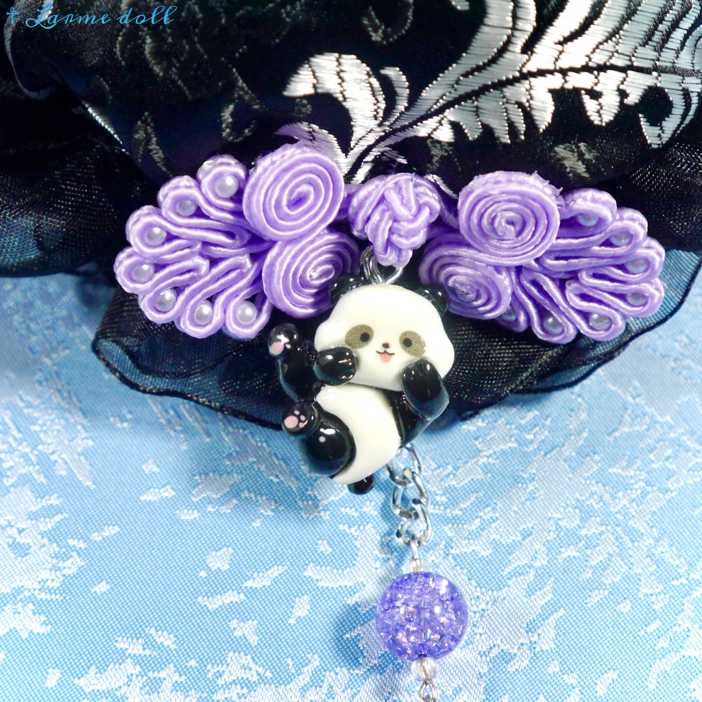 【受注生産】《☥》パンダチャイナお団子カバー(チャイナ生地タイプ)(レース黒)本体カバーカラー▷黒×シルバー