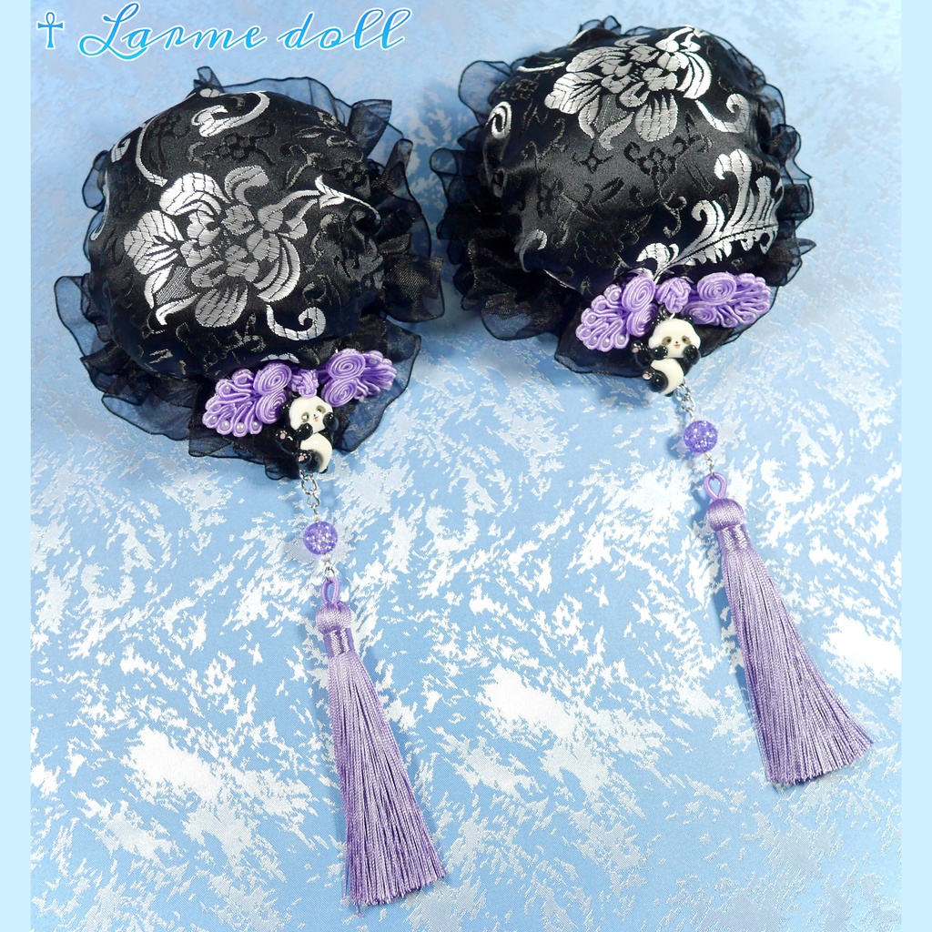 【受注生産】《☥》パンダチャイナお団子カバー(チャイナ生地タイプ)(レース黒)本体カバーカラー▷黒×シルバー