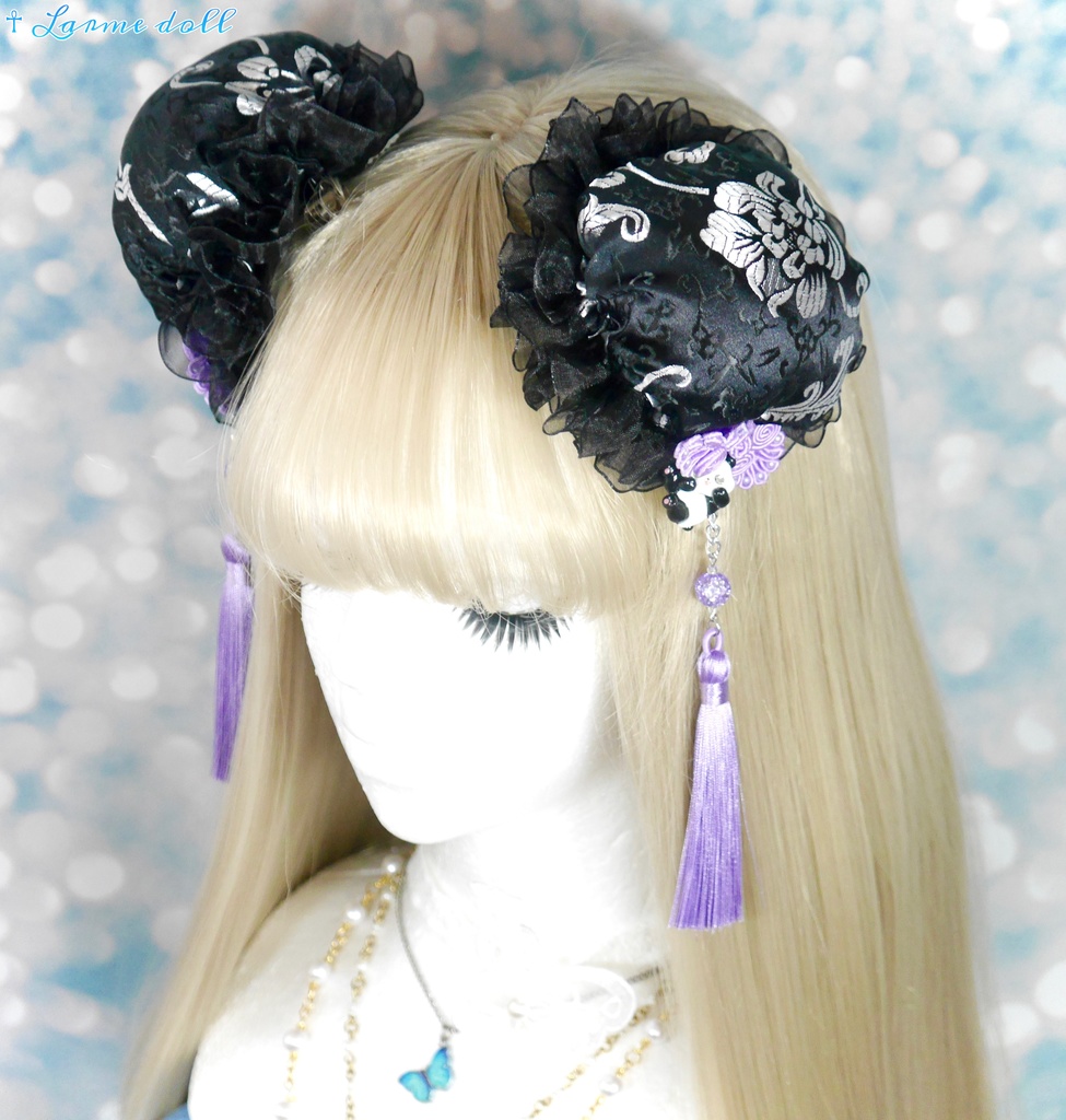 【受注生産】《☥》パンダチャイナお団子カバー(チャイナ生地タイプ)(レース黒)本体カバーカラー▷黒×シルバー