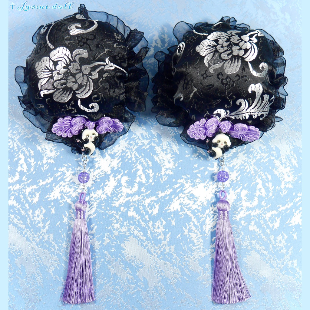 【受注生産】《☥》パンダチャイナお団子カバー(チャイナ生地タイプ)(レース黒)本体カバーカラー▷黒×シルバー