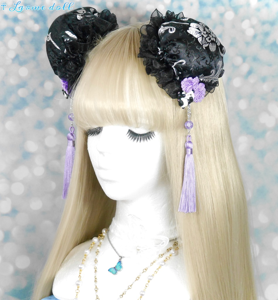 【受注生産】《☥》パンダチャイナお団子カバー(チャイナ生地タイプ)(レース黒)本体カバーカラー▷黒×シルバー