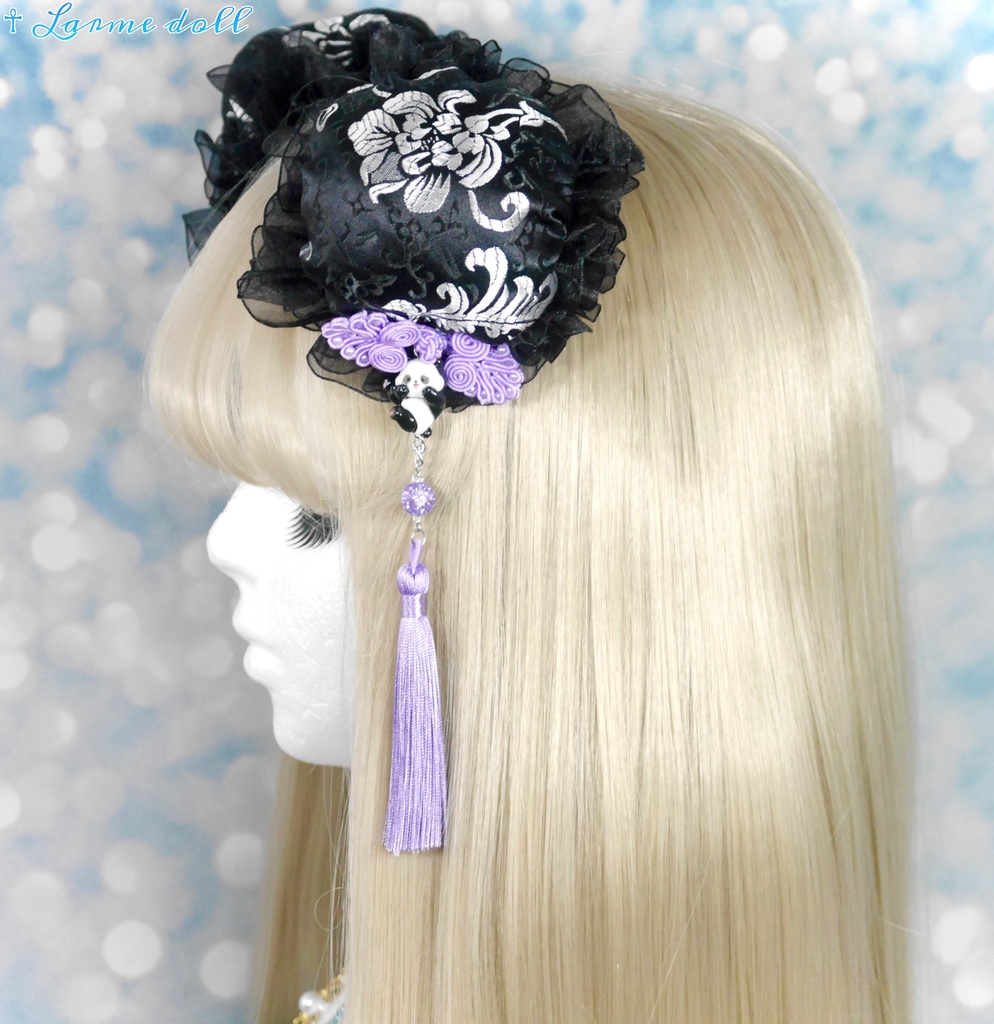 【受注生産】《☥》パンダチャイナお団子カバー(チャイナ生地タイプ)(レース黒)本体カバーカラー▷黒×シルバー