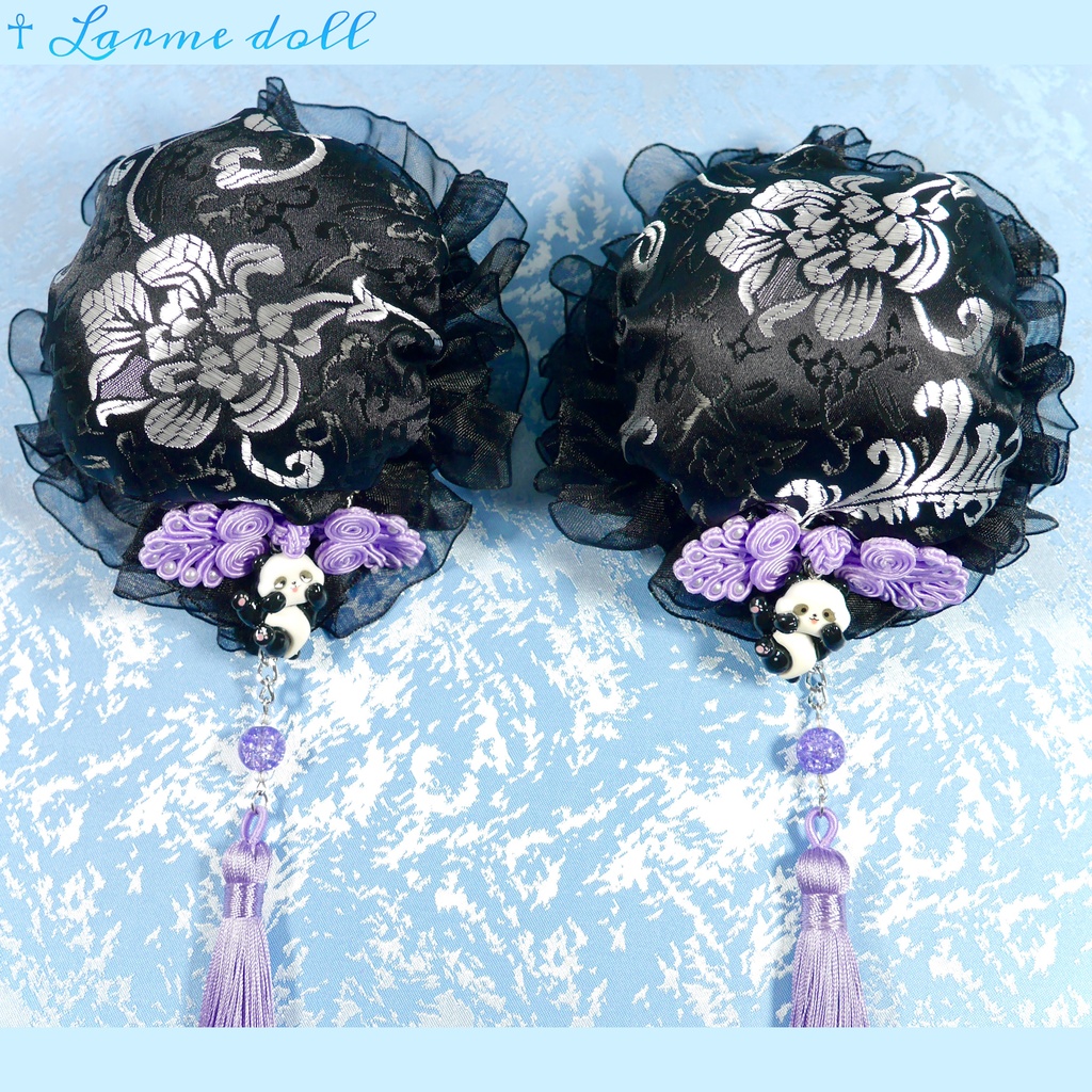 【受注生産】《☥》パンダチャイナお団子カバー(チャイナ生地タイプ)(レース黒)本体カバーカラー▷黒×シルバー