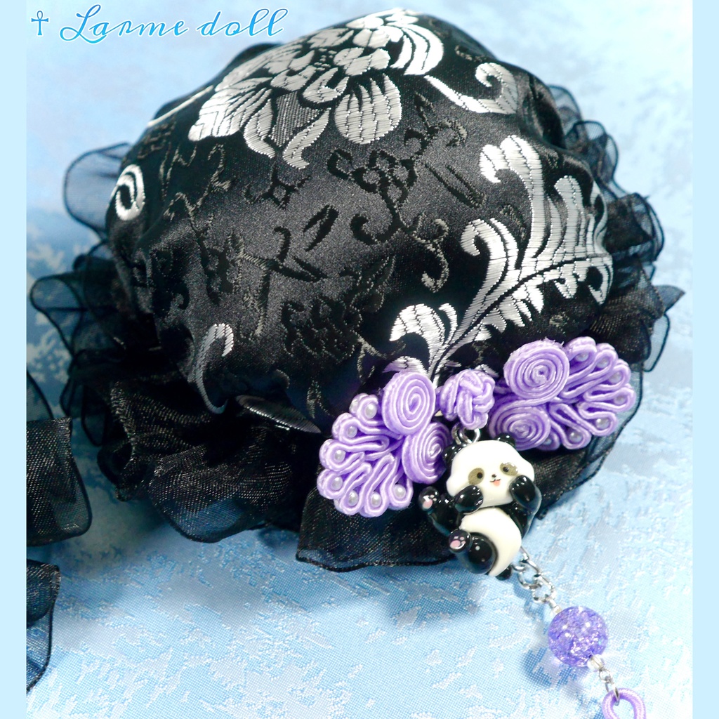 【受注生産】《☥》パンダチャイナお団子カバー(チャイナ生地タイプ)(レース黒)本体カバーカラー▷黒×シルバー