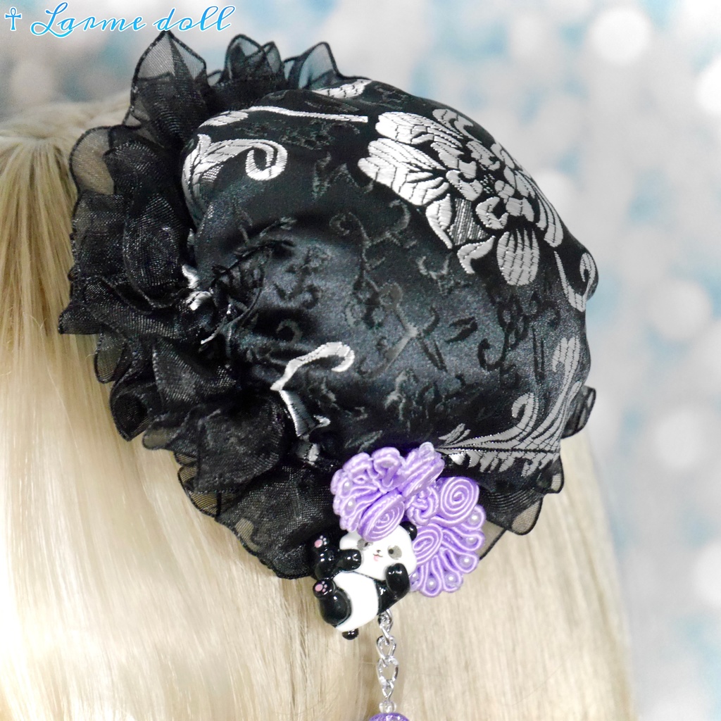 【受注生産】《☥》パンダチャイナお団子カバー(チャイナ生地タイプ)(レース黒)本体カバーカラー▷黒×シルバー