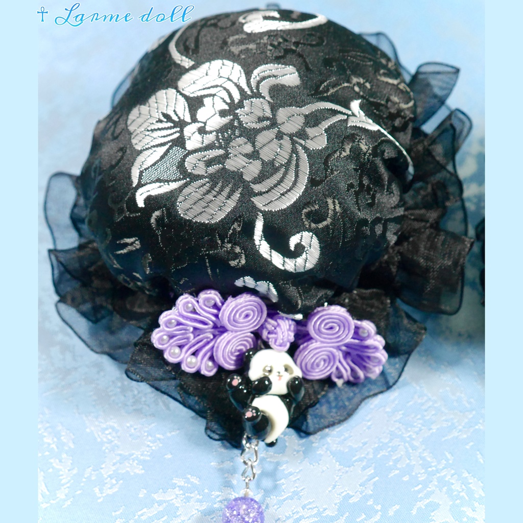 【受注生産】《☥》パンダチャイナお団子カバー(チャイナ生地タイプ)(レース黒)本体カバーカラー▷黒×シルバー