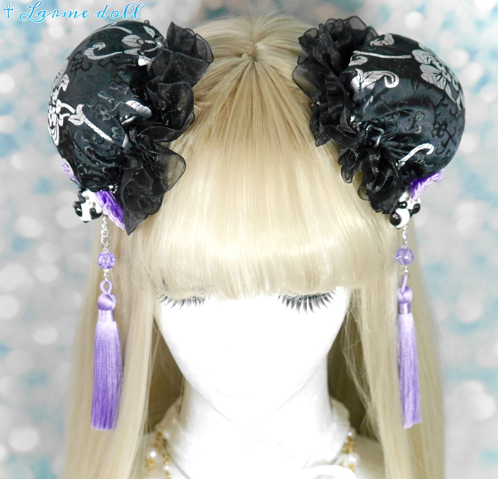 【受注生産】《☥》パンダチャイナお団子カバー(チャイナ生地タイプ)(レース黒)本体カバーカラー▷黒×シルバー