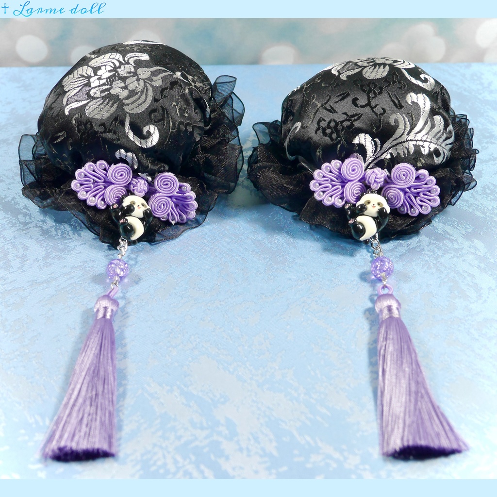 【受注生産】《☥》パンダチャイナお団子カバー(チャイナ生地タイプ)(レース黒)本体カバーカラー▷黒×シルバー