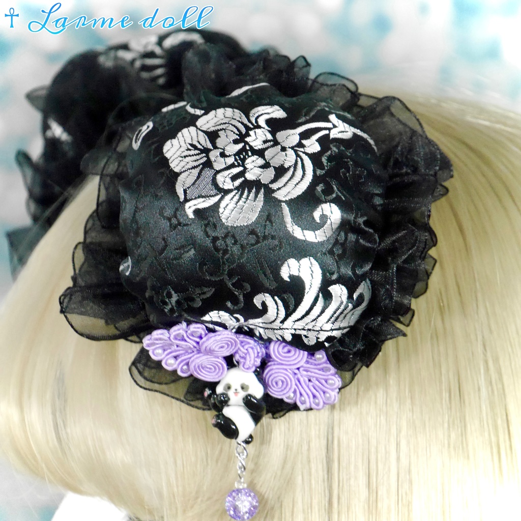 【受注生産】《☥》パンダチャイナお団子カバー(チャイナ生地タイプ)(レース黒)本体カバーカラー▷黒×シルバー