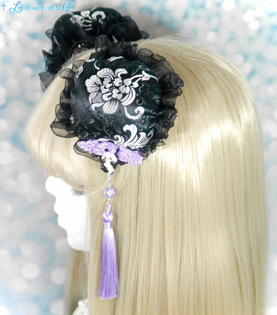 【受注生産】《☥》パンダチャイナお団子カバー(チャイナ生地タイプ)(レース黒)本体カバーカラー▷黒×シルバー