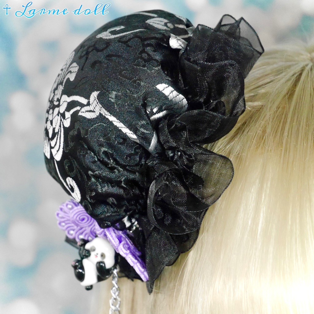 【受注生産】《☥》パンダチャイナお団子カバー(チャイナ生地タイプ)(レース黒)本体カバーカラー▷黒×シルバー