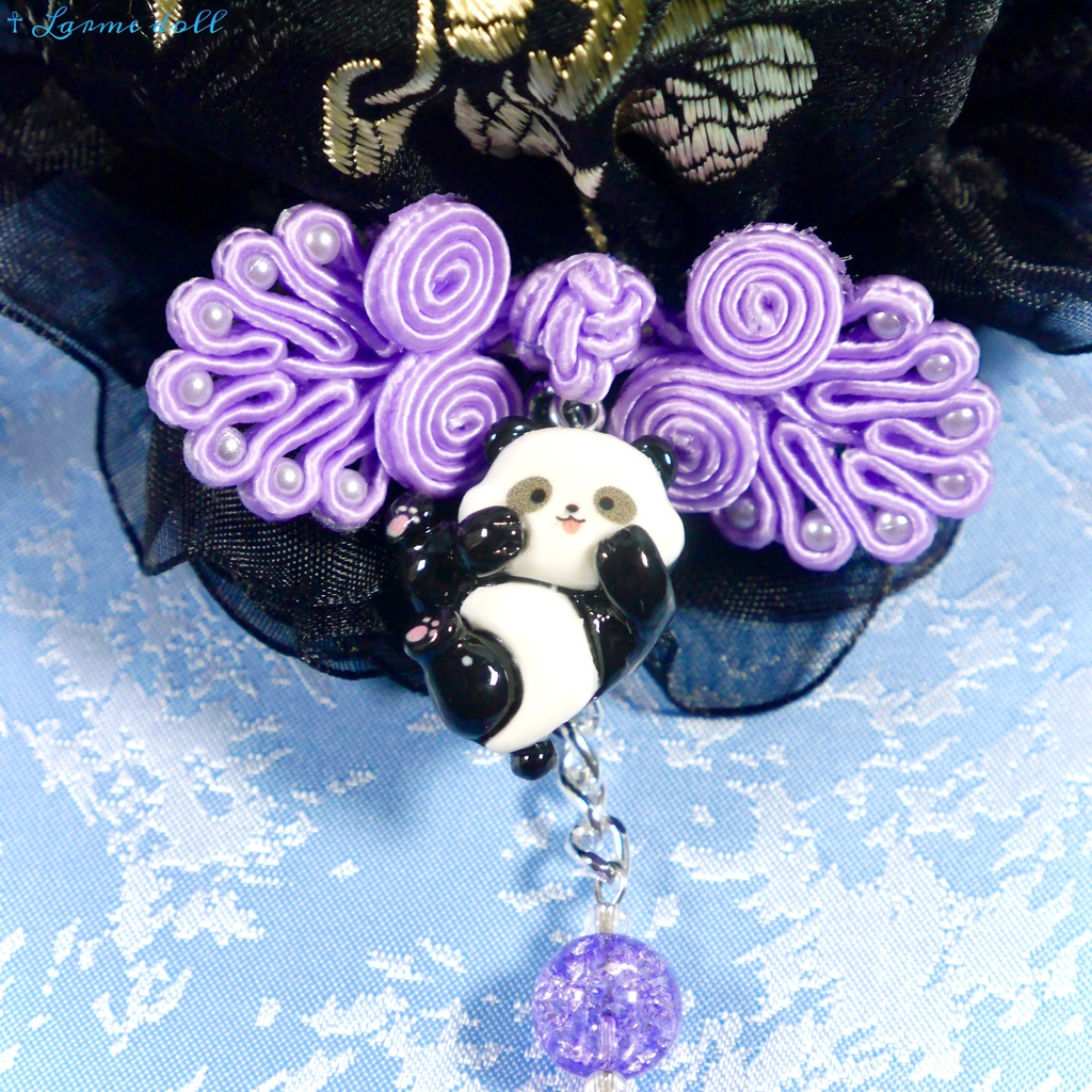 【受注生産】《☥》パンダチャイナお団子カバー(チャイナ生地タイプ)(レース黒)本体カバーカラー▷黒×ゴールド