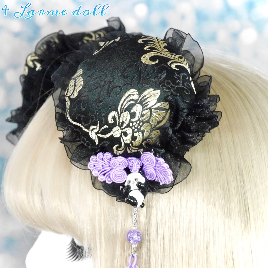 【受注生産】《☥》パンダチャイナお団子カバー(チャイナ生地タイプ)(レース黒)本体カバーカラー▷黒×ゴールド