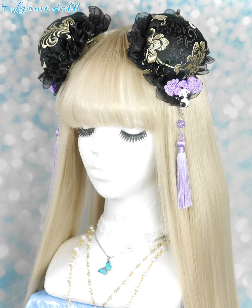 【受注生産】《☥》パンダチャイナお団子カバー(チャイナ生地タイプ)(レース黒)本体カバーカラー▷黒×ゴールド