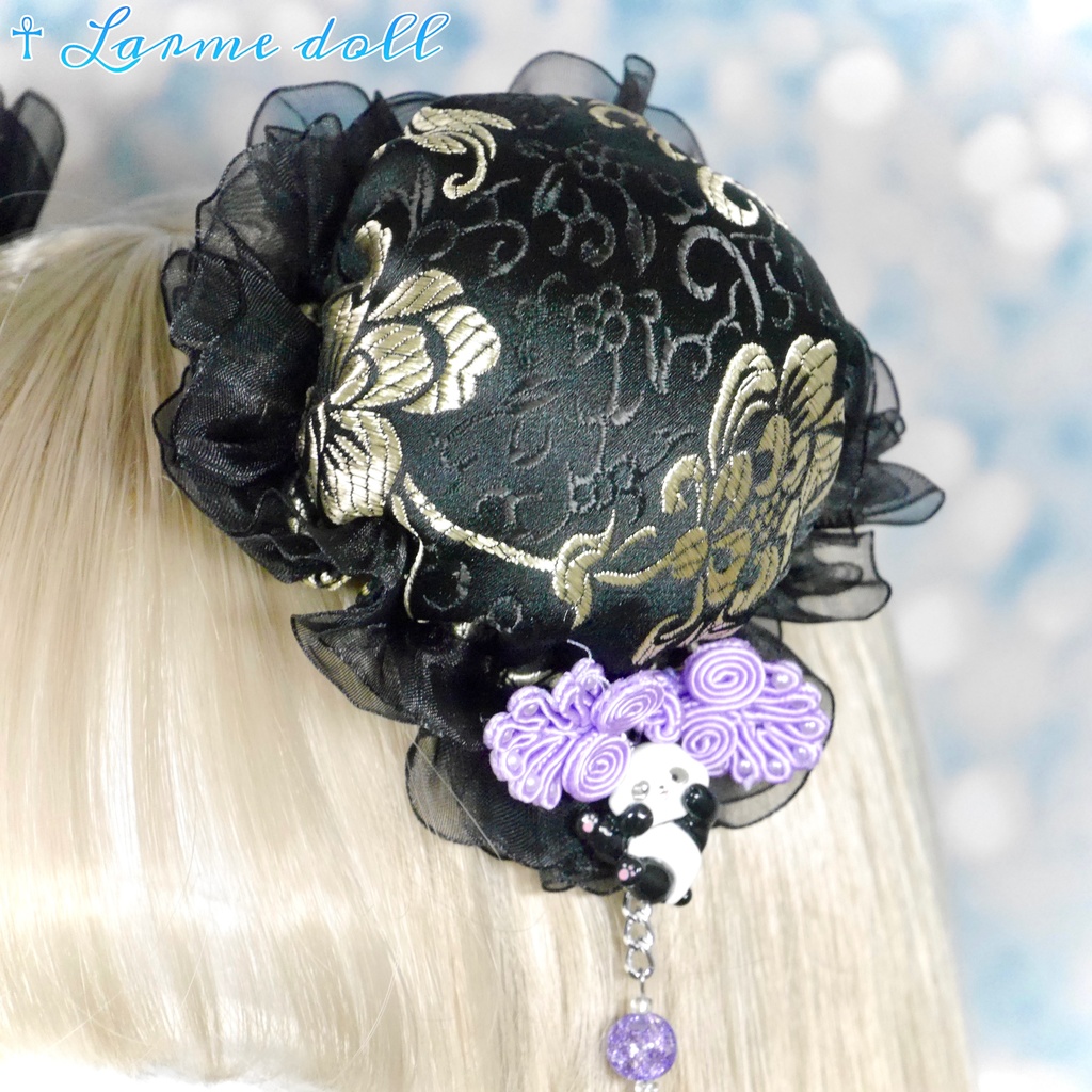 【受注生産】《☥》パンダチャイナお団子カバー(チャイナ生地タイプ)(レース黒)本体カバーカラー▷黒×ゴールド