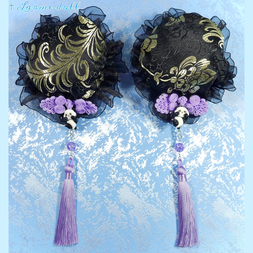 【受注生産】《☥》パンダチャイナお団子カバー(チャイナ生地タイプ)(レース黒)本体カバーカラー▷黒×ゴールド