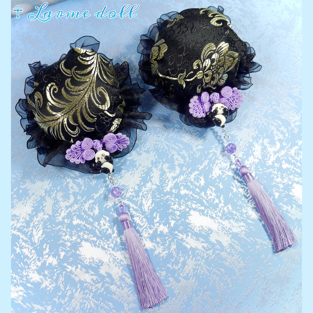 【受注生産】《☥》パンダチャイナお団子カバー(チャイナ生地タイプ)(レース黒)本体カバーカラー▷黒×ゴールド