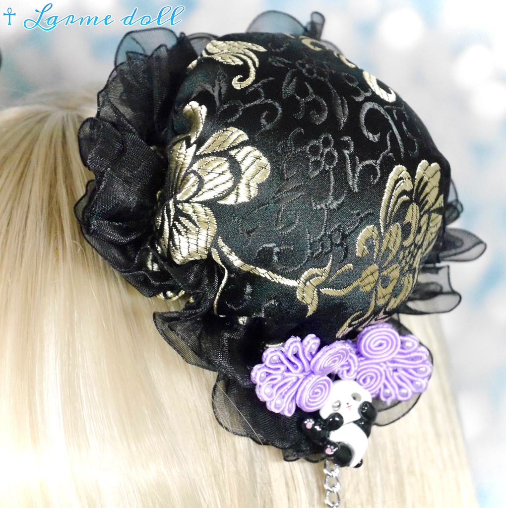 【受注生産】《☥》パンダチャイナお団子カバー(チャイナ生地タイプ)(レース黒)本体カバーカラー▷黒×ゴールド