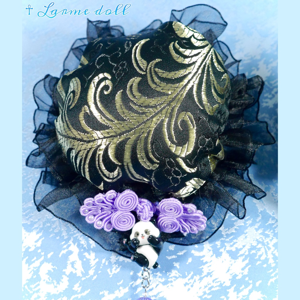 【受注生産】《☥》パンダチャイナお団子カバー(チャイナ生地タイプ)(レース黒)本体カバーカラー▷黒×ゴールド