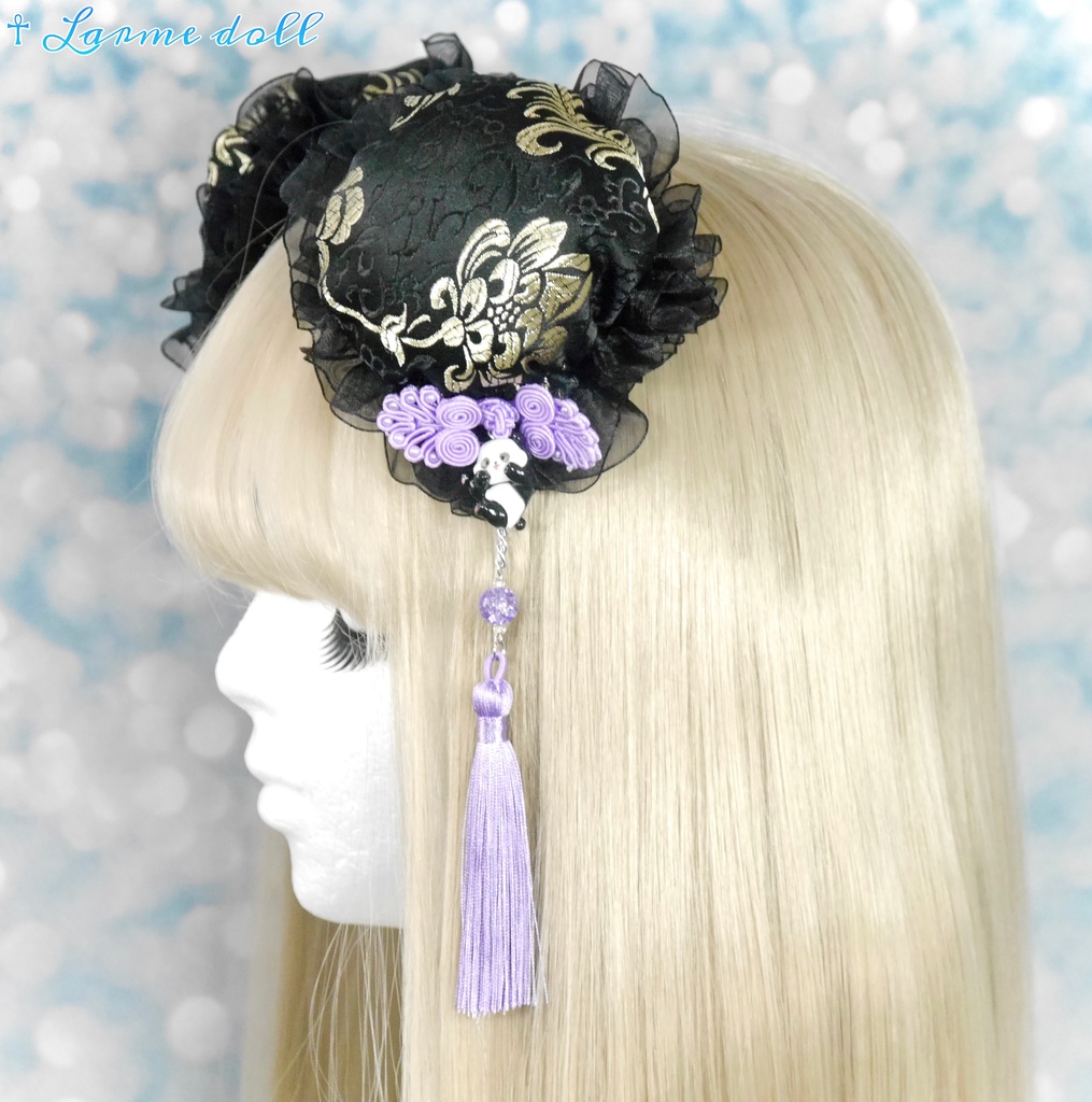 【受注生産】《☥》パンダチャイナお団子カバー(チャイナ生地タイプ)(レース黒)本体カバーカラー▷黒×ゴールド